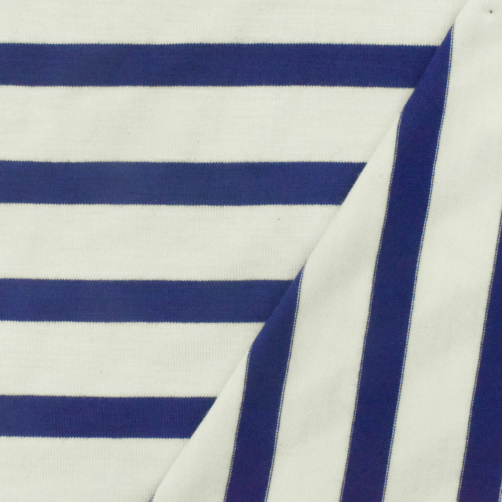 1 Yard Diamond Blue Ivory Stripe Spandex Rayon Modal Jersey Knit Fabric For Dresses And Activewear 58 Inches Width