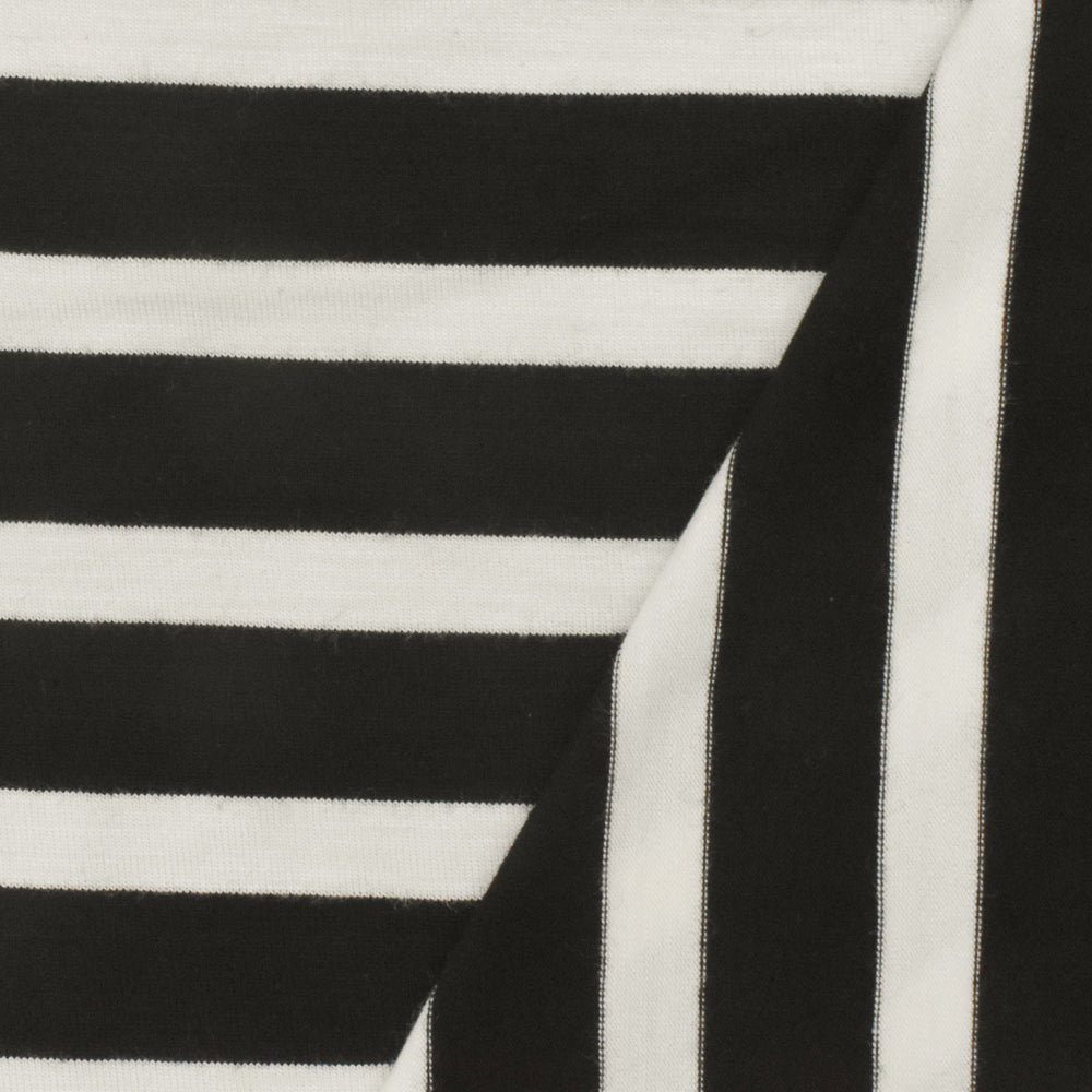 ১ গজ জেট ব্ল্যাক আইভরি স্ট্রাইপ স্প্যানডেক্স রেয়ন মডেল জার্সি নিট ফ্যাব্রিক পোশাক এবং অ্যাক্টিভওয়্যারের জন্য ৫৯ ইঞ্চি প্রস্থ