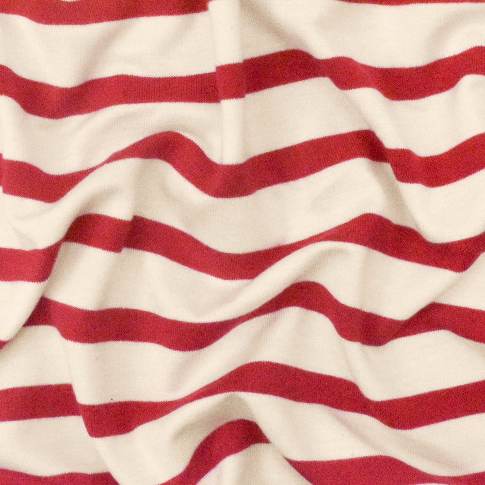 1 Yard Super Red Ivory Stripe Spandex Rayon Modal Jersey Knit Fabric For Activewear And Blouses 58 Inches Width