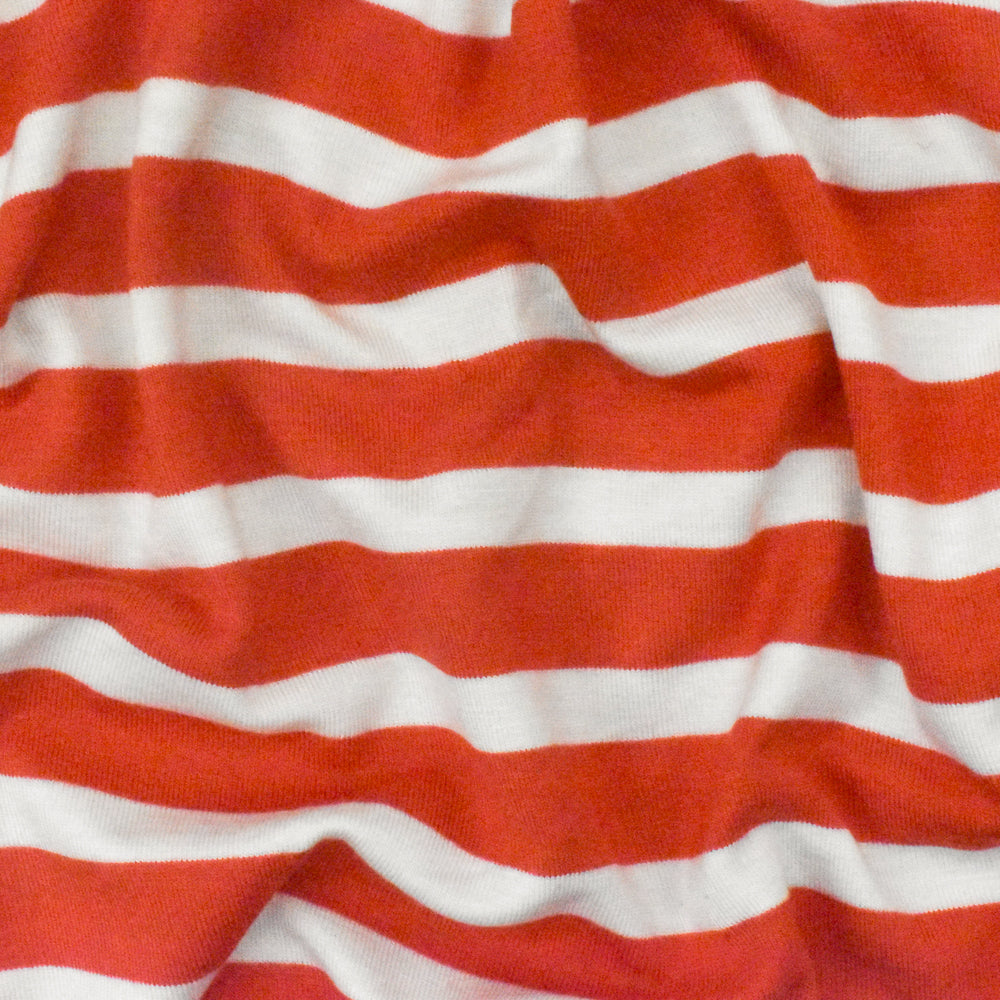 1 Yard Orange Red Ivory Stripe Spandex Rayon Modal Jersey Knit Fabric For Blouses And Activewear 58 Inches Width