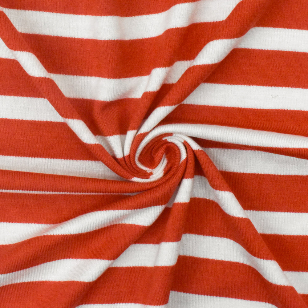1 Yard Orange Red Ivory Stripe Spandex Rayon Modal Jersey Knit Fabric For Blouses And Activewear 58 Inches Width