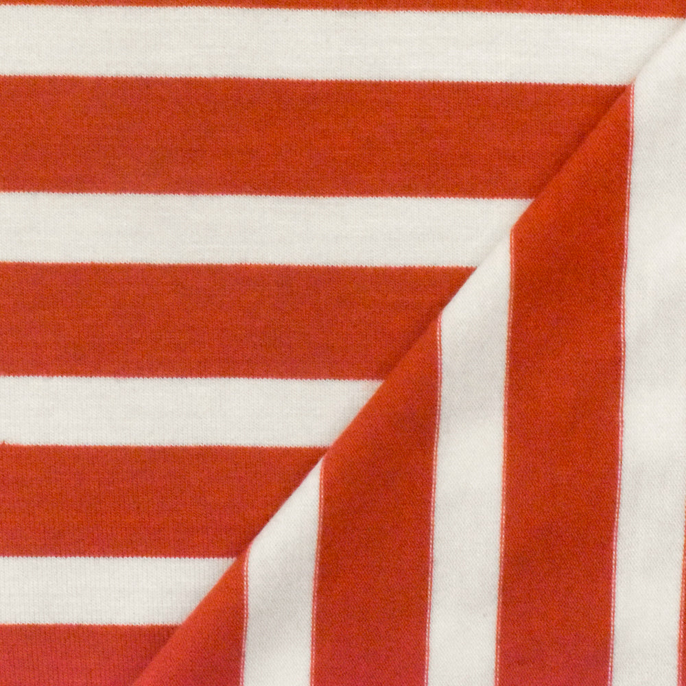 1 Yard Orange Red Ivory Stripe Spandex Rayon Modal Jersey Knit Fabric For Blouses And Activewear 58 Inches Width
