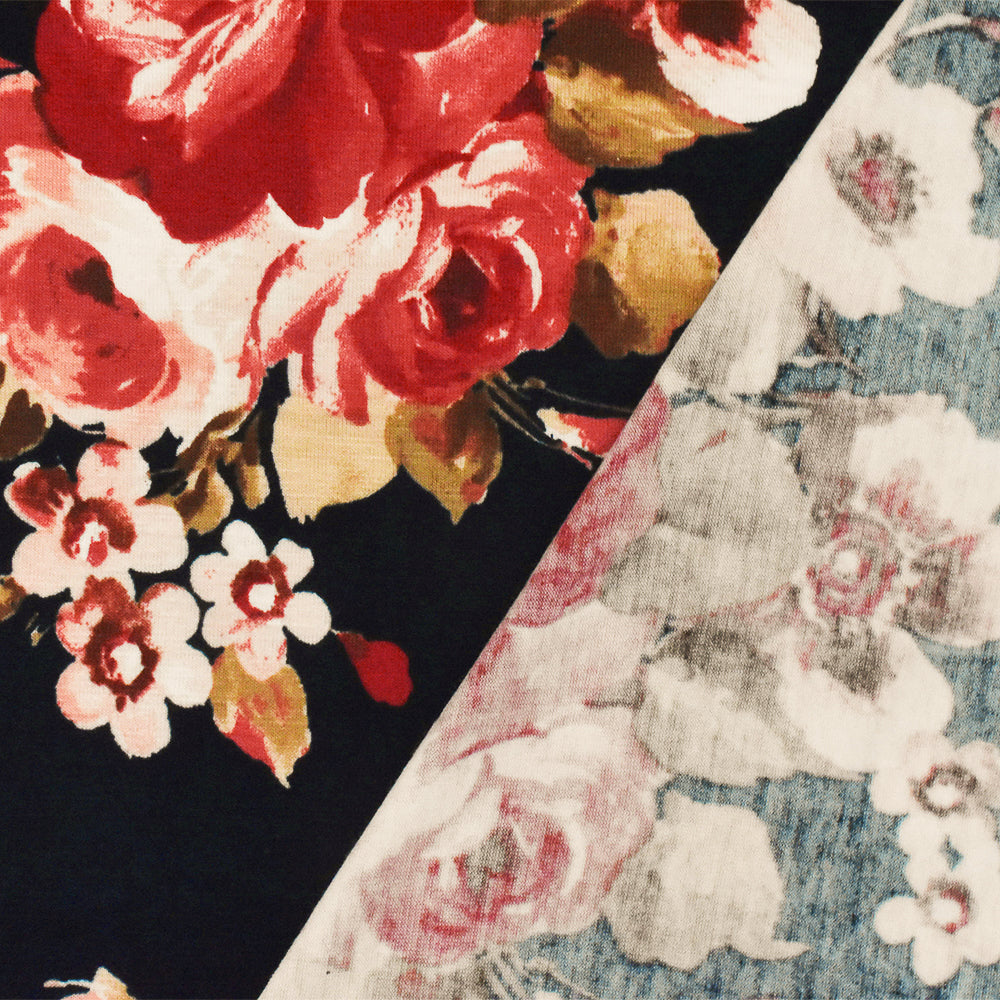 1 Yard Blue Red Multi Floral Printed Stretch Rayon Spandex Jersey Knit Fabric Stylish Activewear And Apparel Designs 60" Width