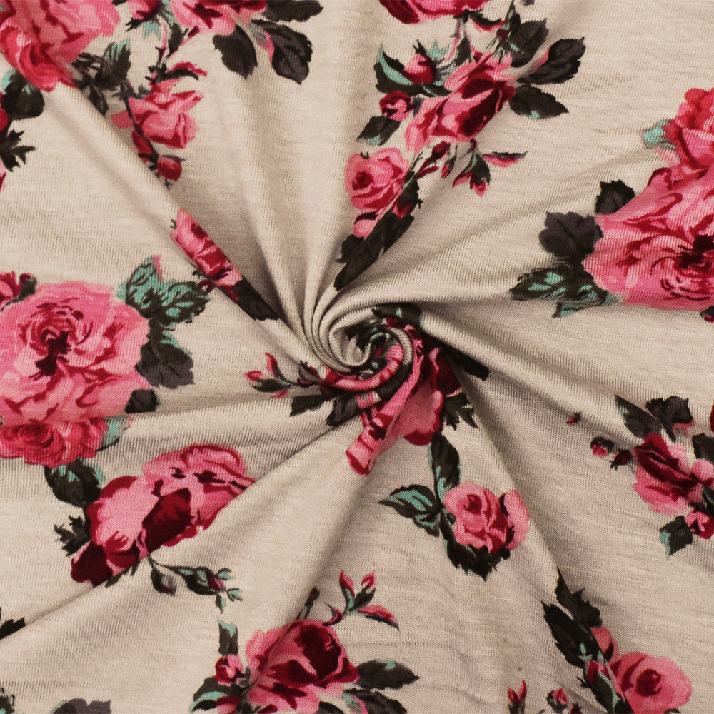 1 Yard Multi Floral Printed Stretch Rayon Spandex Jersey Knit Fabric in Beige Pink, Comfortable and Elegant fashion 63" Width