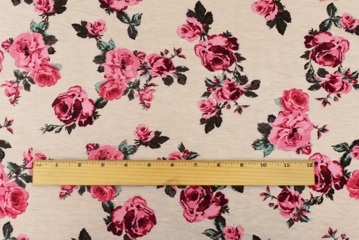 1 Yard Multi Floral Printed Stretch Rayon Spandex Jersey Knit Fabric in Beige Pink, Comfortable and Elegant fashion 63" Width