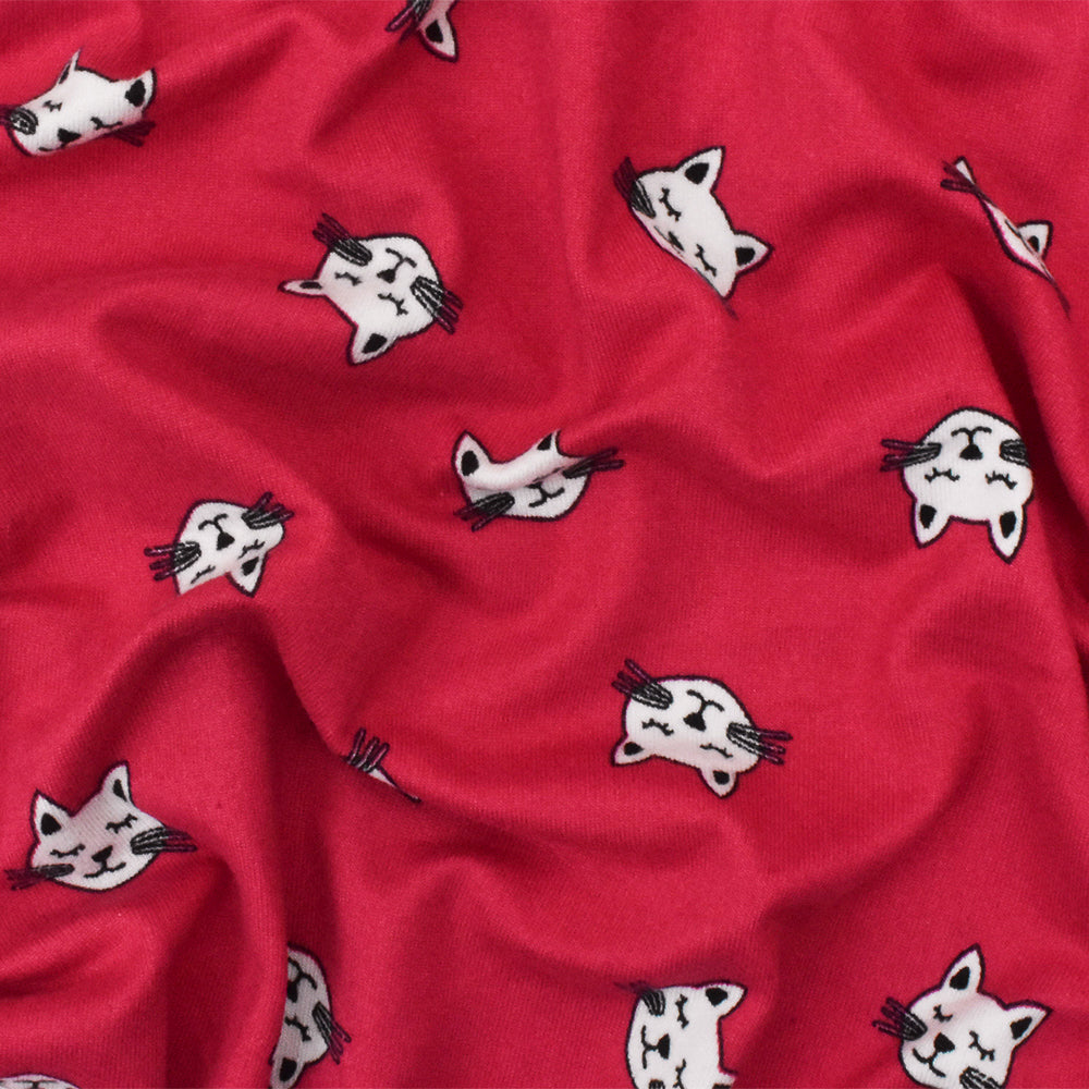 1 Yard Red White Black Cat Printed Stretch Poly Spandex Brushed Jersey Knit Fabric 62" Width