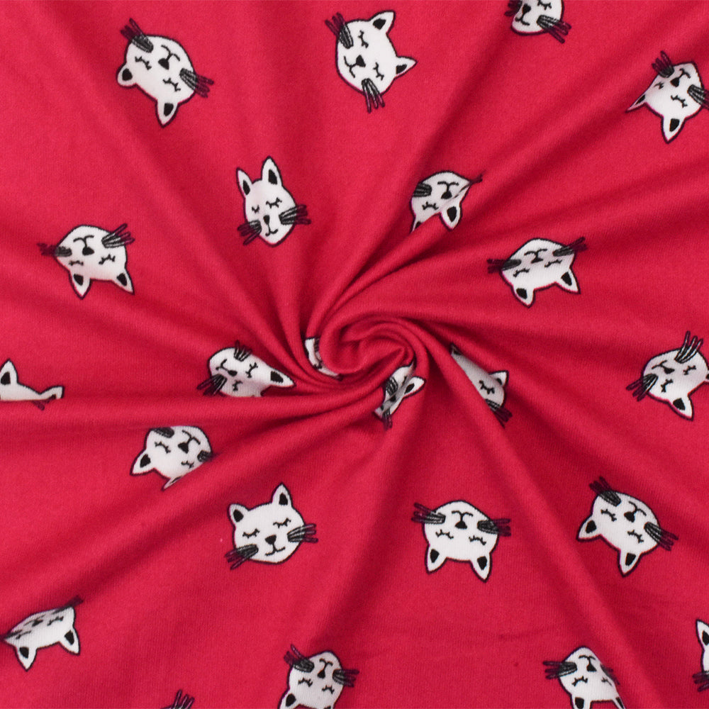 1 Yard Red White Black Cat Printed Stretch Poly Spandex Brushed Jersey Knit Fabric 62" Width