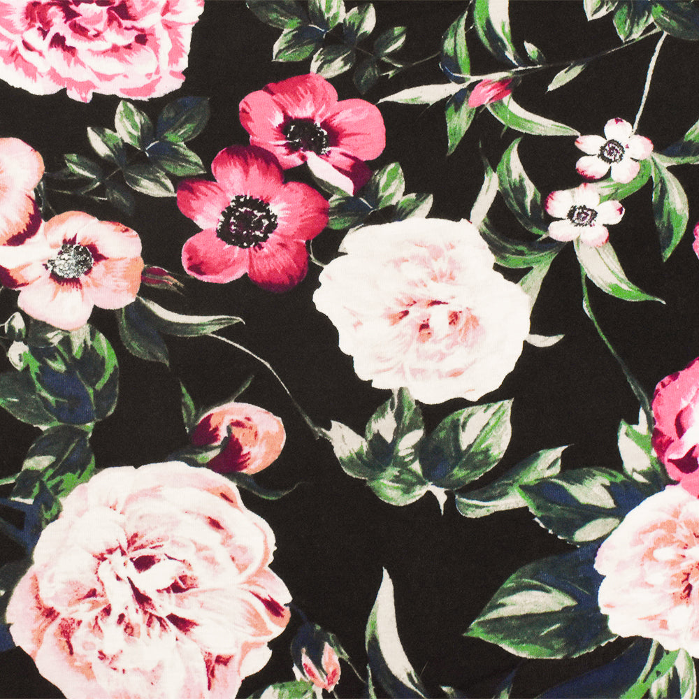 1 Yard Multi Floral Printed Stretch Rayon Spandex Jersey Knit Fabric in Black Pink 62" Width