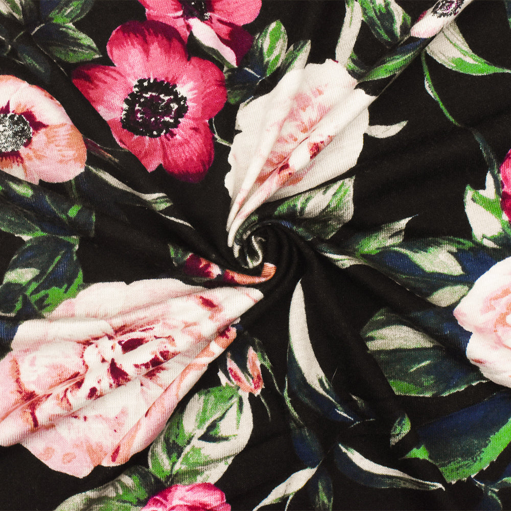 1 Yard Multi Floral Printed Stretch Rayon Spandex Jersey Knit Fabric in Black Pink 62" Width