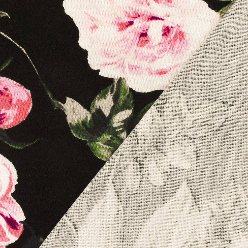 1 Yard Multi Floral Printed Stretch Rayon Spandex Jersey Knit Fabric in Black Pink 62" Width