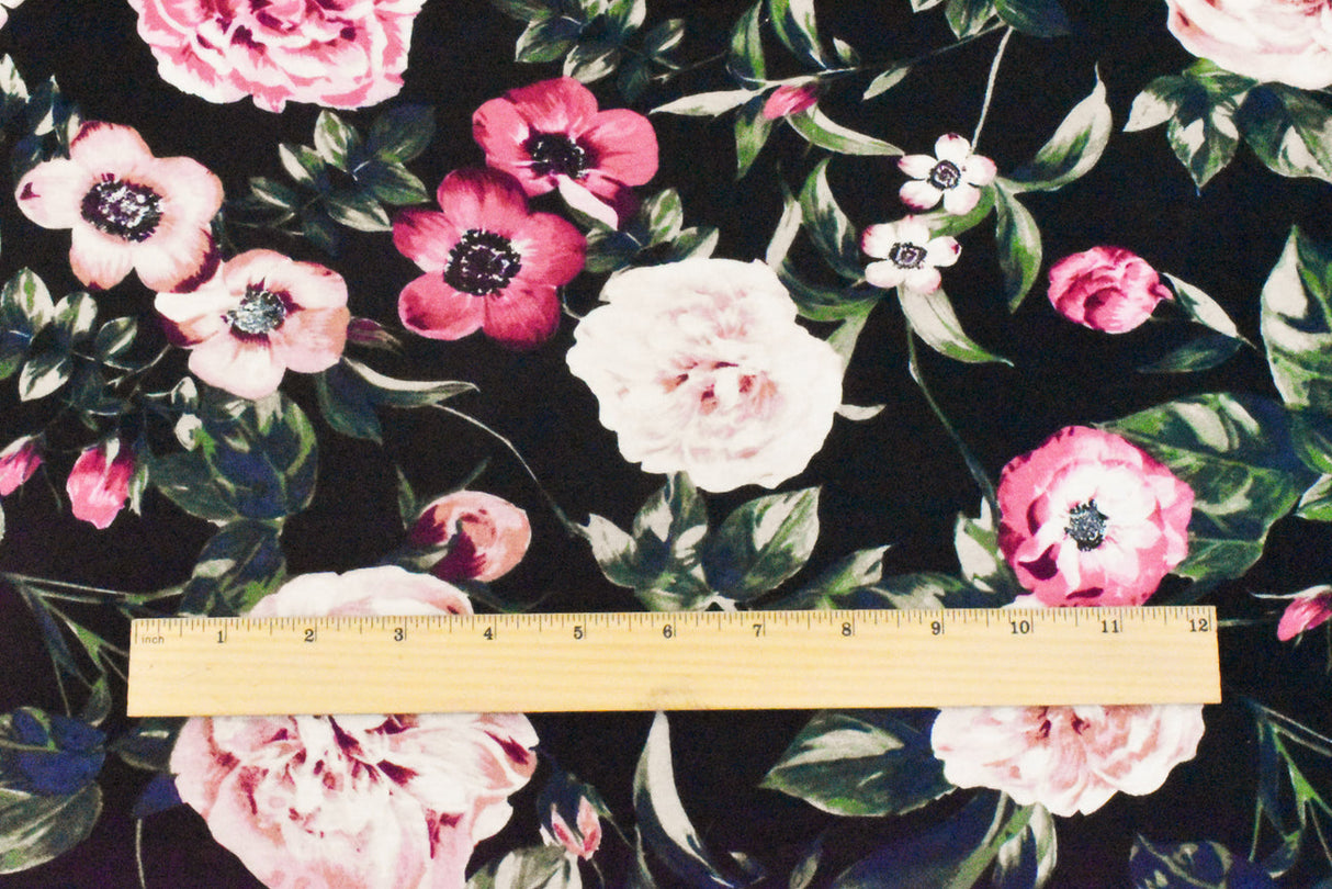 1 Yard Multi Floral Printed Stretch Rayon Spandex Jersey Knit Fabric in Black Pink 62" Width