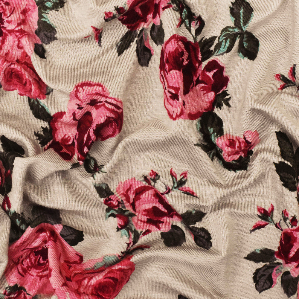 1 Yard Taupe Pink Multi Floral Printed Stretch Rayon Spandex Jersey Knit Fabric Lightweight Activewear 62" Width