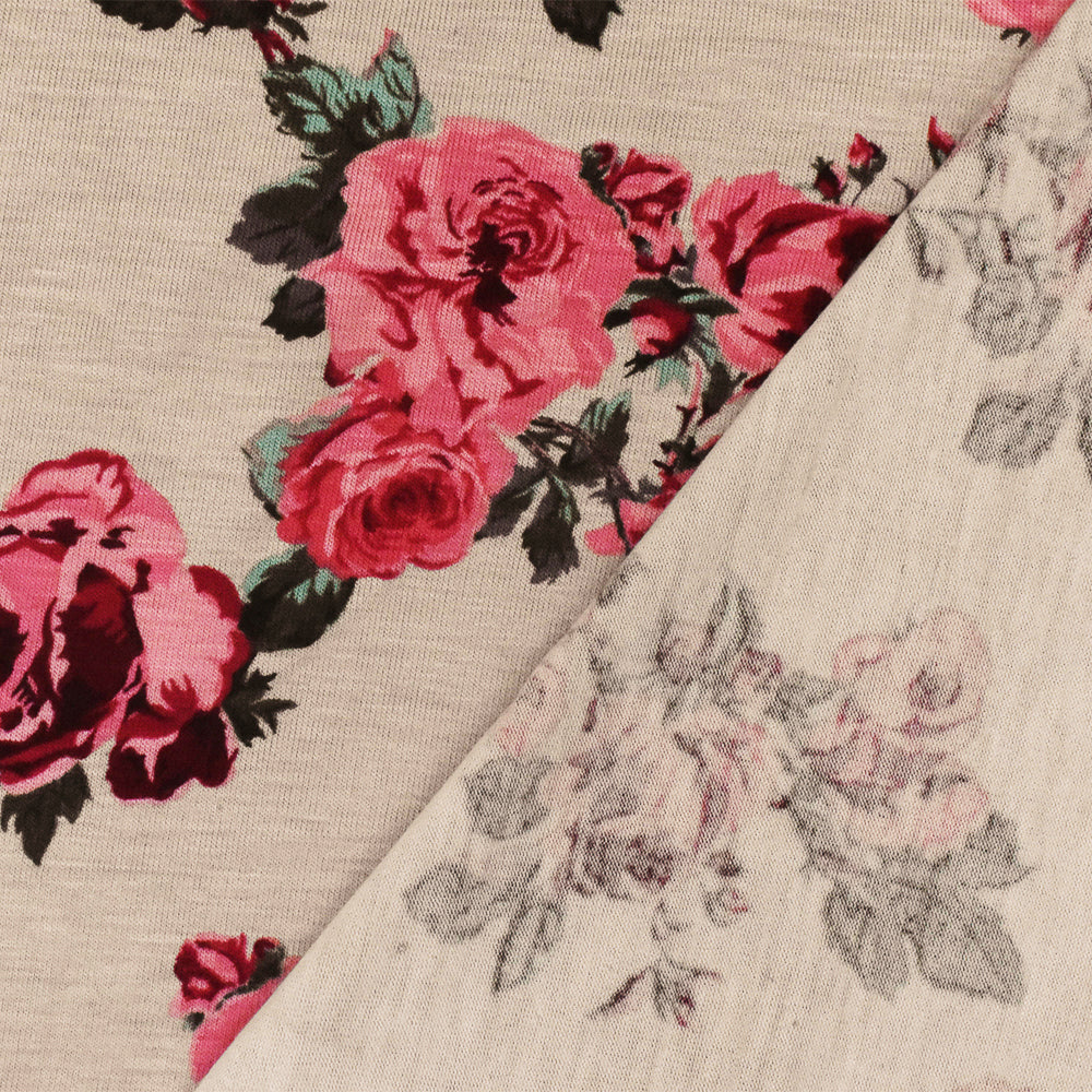 1 Yard Taupe Pink Multi Floral Printed Stretch Rayon Spandex Jersey Knit Fabric Lightweight Activewear 62" Width