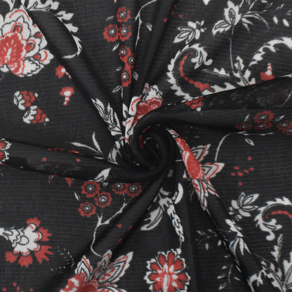 1 Yard Black White Orange Floral Printed Stretch Poly Spandex Mesh Knit Fabric 58" Width