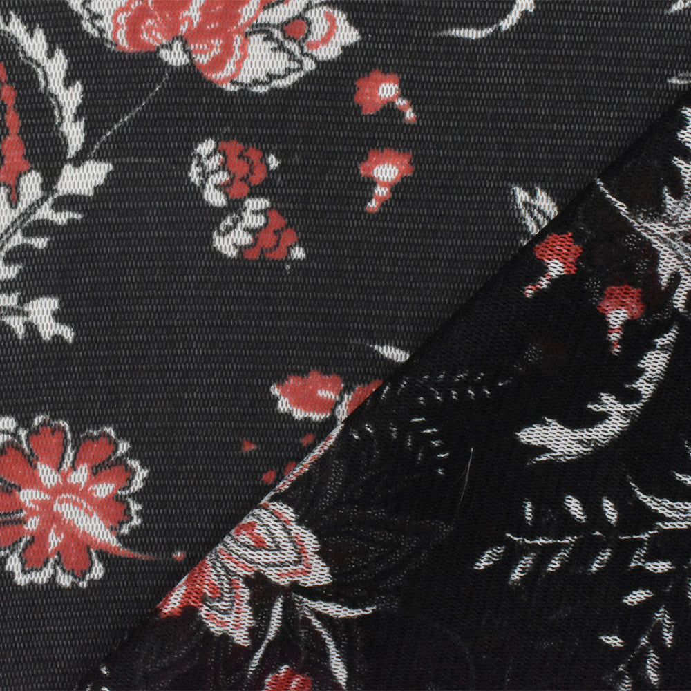 1 Yard Black White Orange Floral Printed Stretch Poly Spandex Mesh Knit Fabric 58" Width