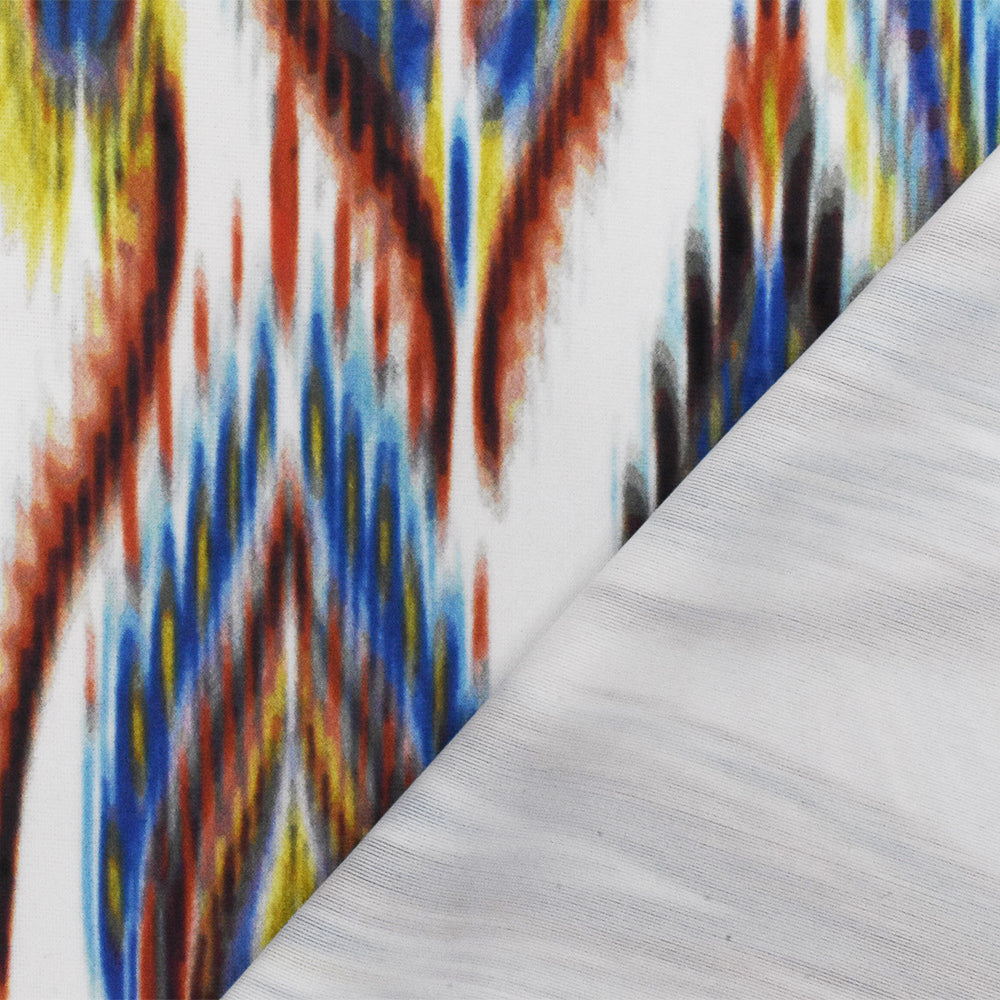 1 Yard White Multi Abstract Ikat Print Stretch Swimwear Fabric is Crafted from Soft Polyester Spandex Tricot Knit 58" Width