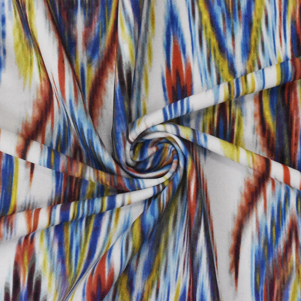 1 Yard White Multi Abstract Ikat Print Stretch Swimwear Fabric is Crafted from Soft Polyester Spandex Tricot Knit 58" Width