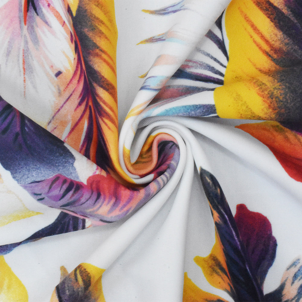 1 Yard White Purple Multi Leaves Printed Stretch Swimwear Fabric, It Suits Performance Garments and Everyday Wear Alike 58" Width