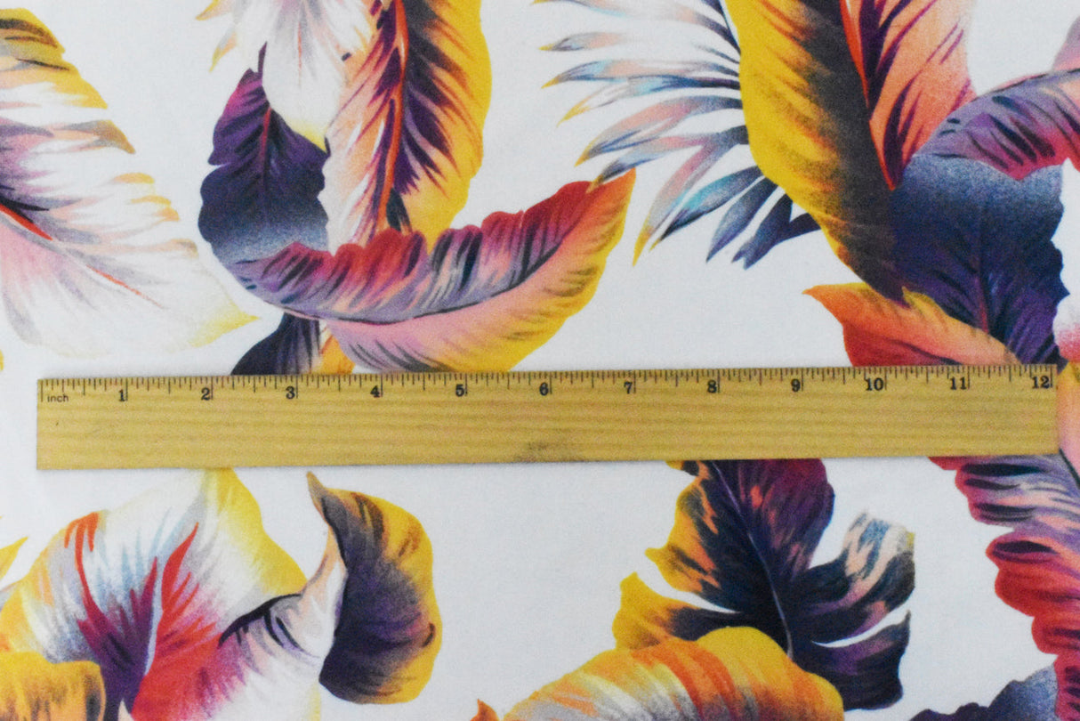 1 Yard White Purple Multi Leaves Printed Stretch Swimwear Fabric, It Suits Performance Garments and Everyday Wear Alike 58" Width