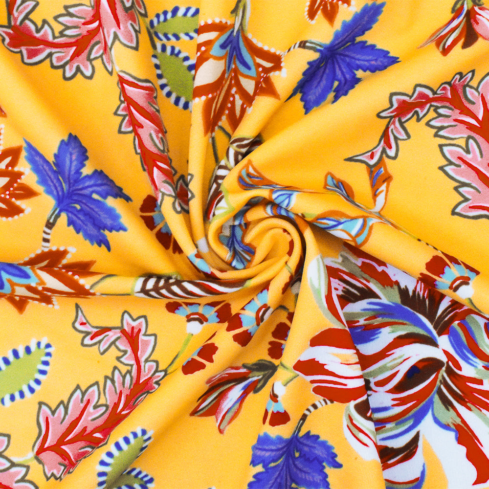 1 Yard Yellow Red Multicolor Floral Tricot Polyester Spandex Knit Fabric for Swimwear 60" Width