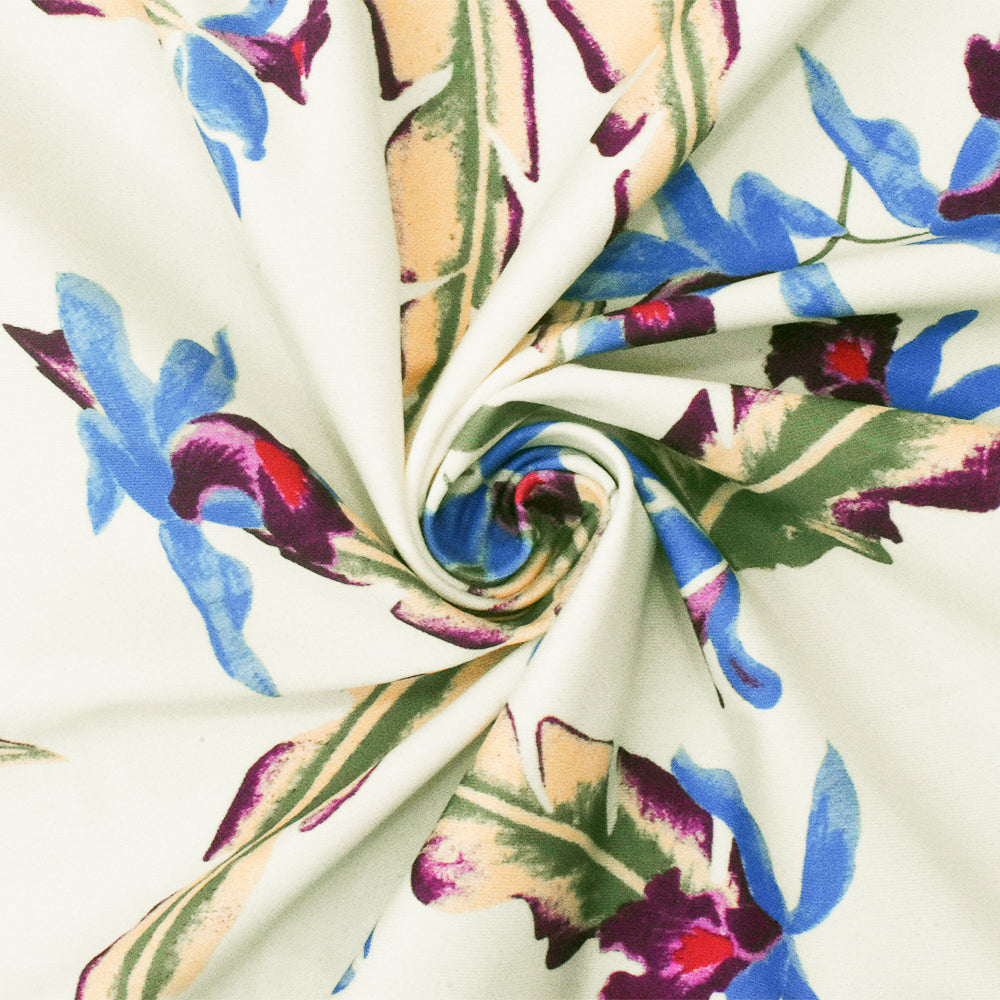1 Yard Ivory Blue Multicolor Floral Tricot Nylon Spandex Knit Fabric for Swimwear 58" Width