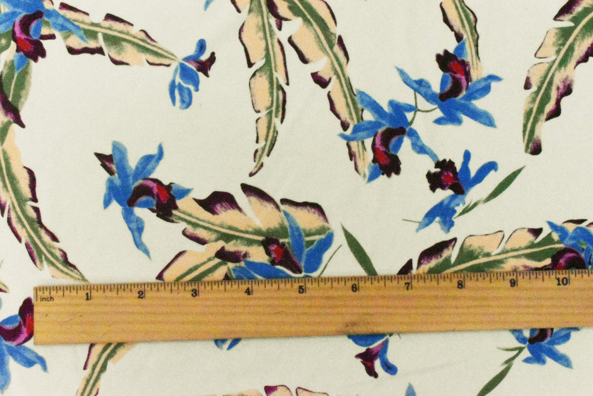 1 Yard Ivory Blue Multicolor Floral Tricot Nylon Spandex Knit Fabric for Swimwear 58" Width