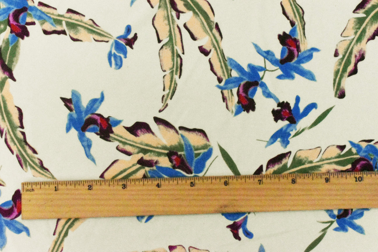 1 Yard Ivory Blue Multicolor Floral Tricot Nylon Spandex Knit Fabric for Swimwear 58" Width