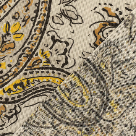 1 Yard Stretchy Poly Spandex Mesh with Yellow Black Beige Paisley Design for Apparel and Costume Projects 64 Inches Width