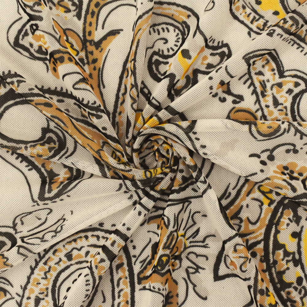 1 Yard Stretchy Poly Spandex Mesh with Yellow Black Beige Paisley Design for Apparel and Costume Projects 64 Inches Width