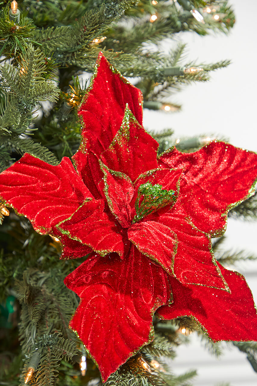 13” x 12" Red & Green Velvet Poinsettia Stem