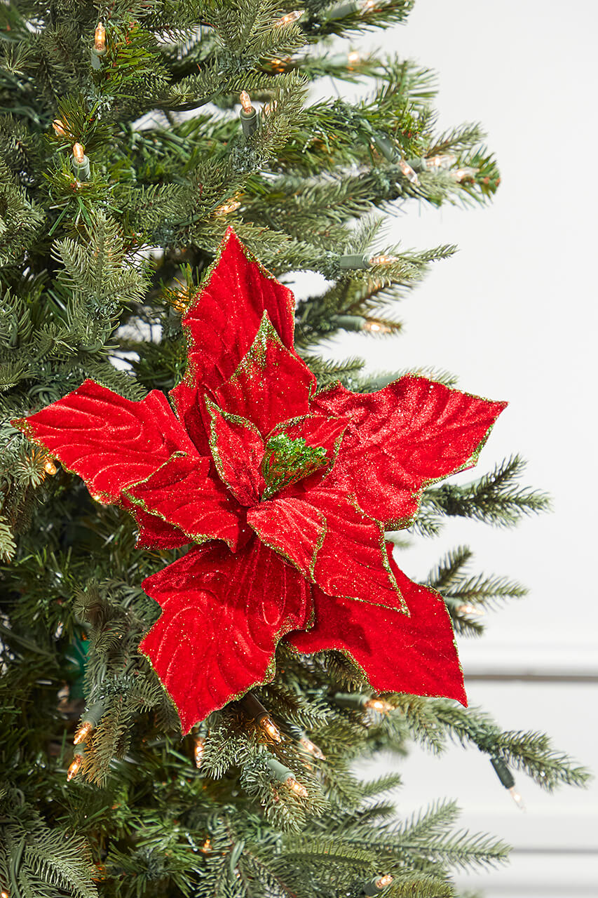 13” x 12" Red & Green Velvet Poinsettia Stem
