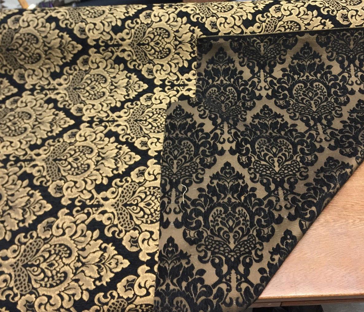 Cleopatra Chenille Damask Print Polyester Fabric - Black/Gold Damask, 56" Width (1 Yard)