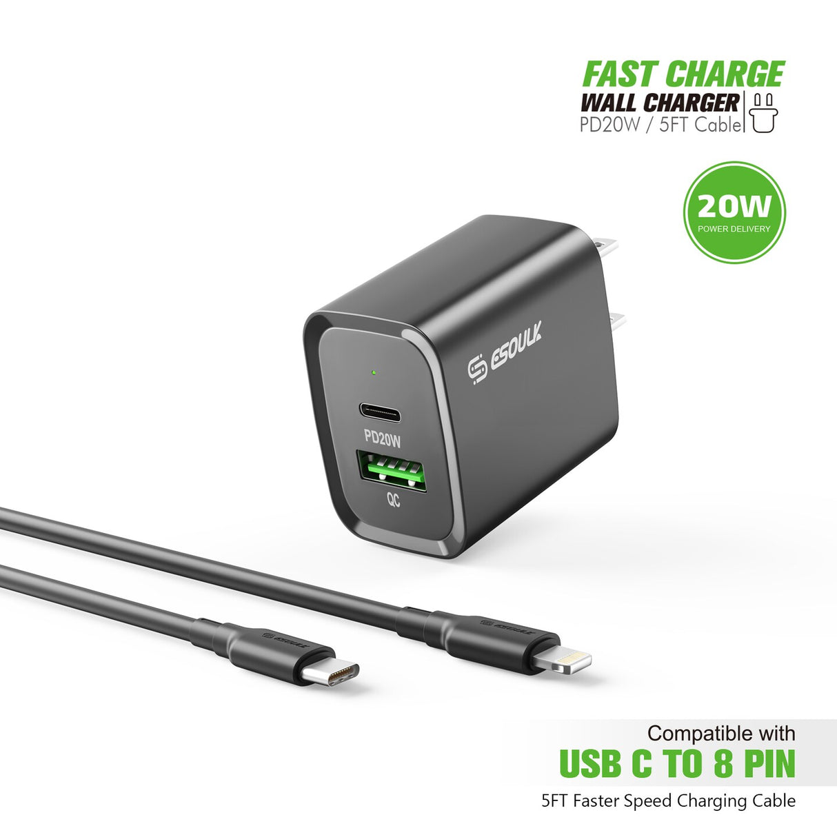 20W PD/QC Wall Charger & 5FT Cable for C to 8pin 12/48