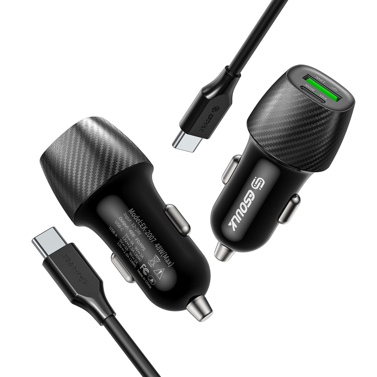 48W Car Charger + 3FT USB-C to USB-C Cable 12/48 - 3 COUNT