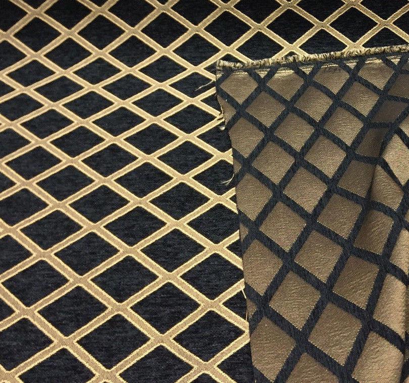 Black Gold Diamond Damask Chenille Upholstery Fabric - Black And Gold Damask, 56" Width (1 Yard)