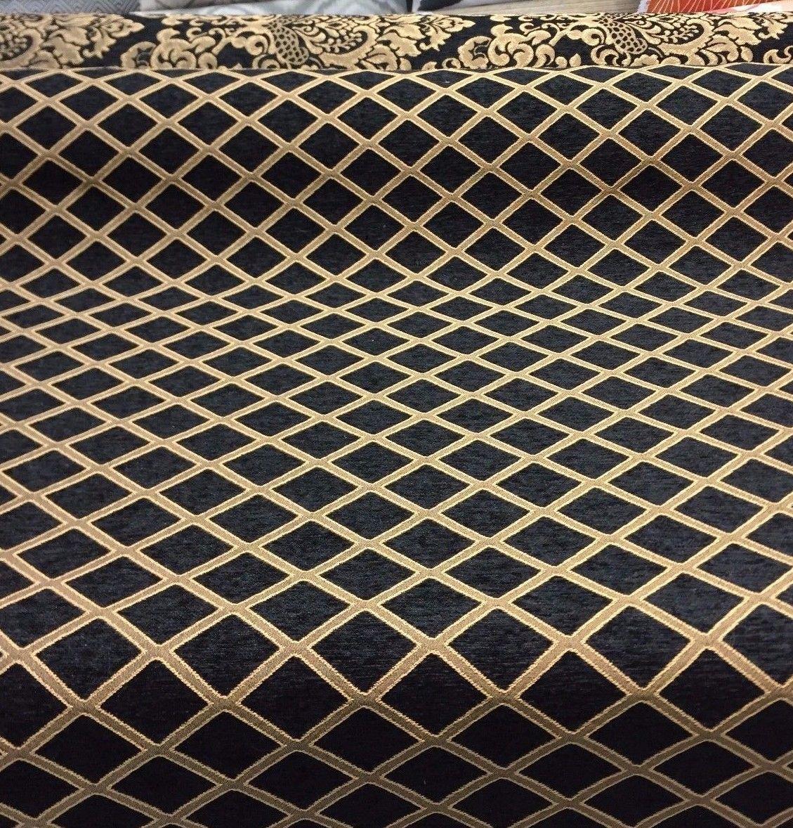 Black Gold Diamond Damask Chenille Upholstery Fabric - Black And Gold Damask, 56" Width (1 Yard)
