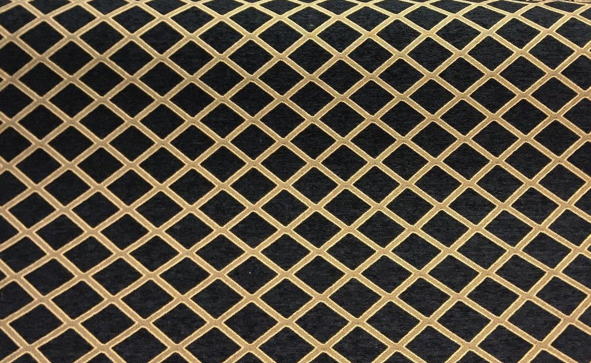 Black Gold Diamond Damask Chenille Upholstery Fabric - Black And Gold Damask, 56" Width (1 Yard)