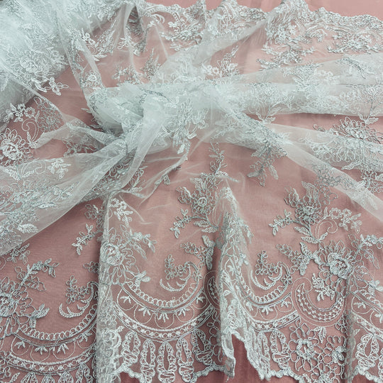 1 Yard Silver Corded Bridal Lace Fabric Embroidered on 100% Polyester Net Mesh – 51"