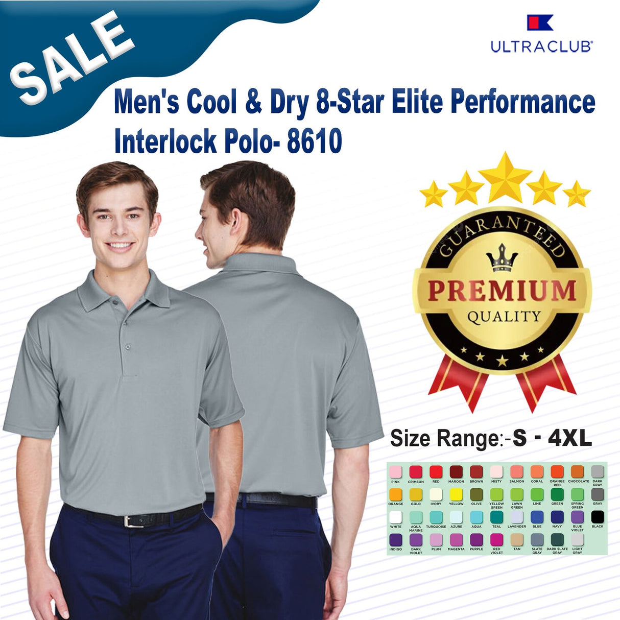 UltraClub® Men's Cool & Dry 8-Star Elite Performance Interlock Polo