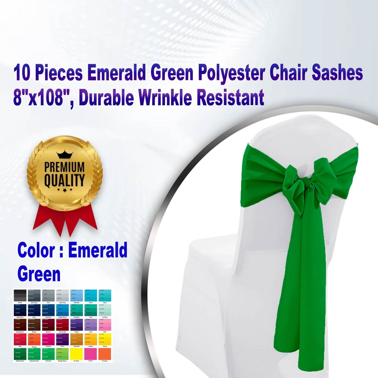 10 Pieces Emerald Green Polyester Chair Sashes 8"x108", Durable Wrinkle Resistant
