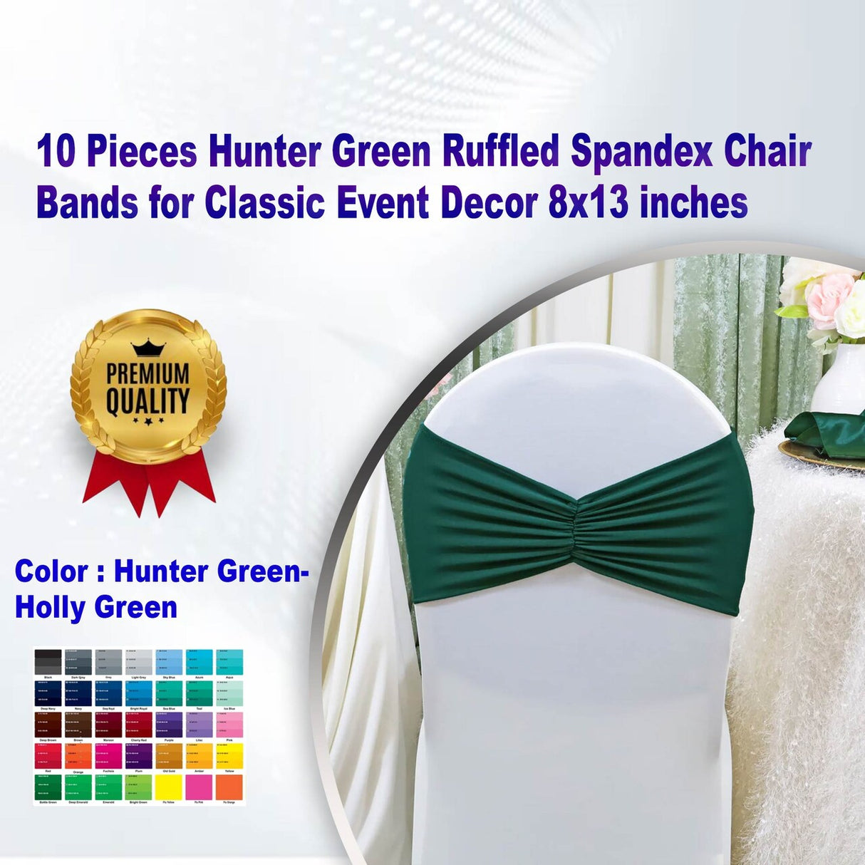 10 Pieces Hunter Green Ruffled Spandex Chair Bands for Classic Event Decor 8x13 inches