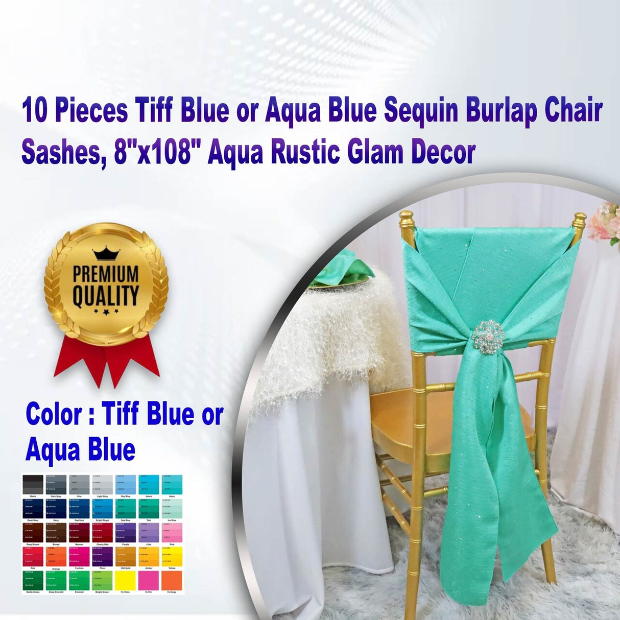 10 Pieces Tiff Blue or Aqua Blue Sequin Burlap Chair Sashes, 8"x108" Aqua Rustic Glam Decor