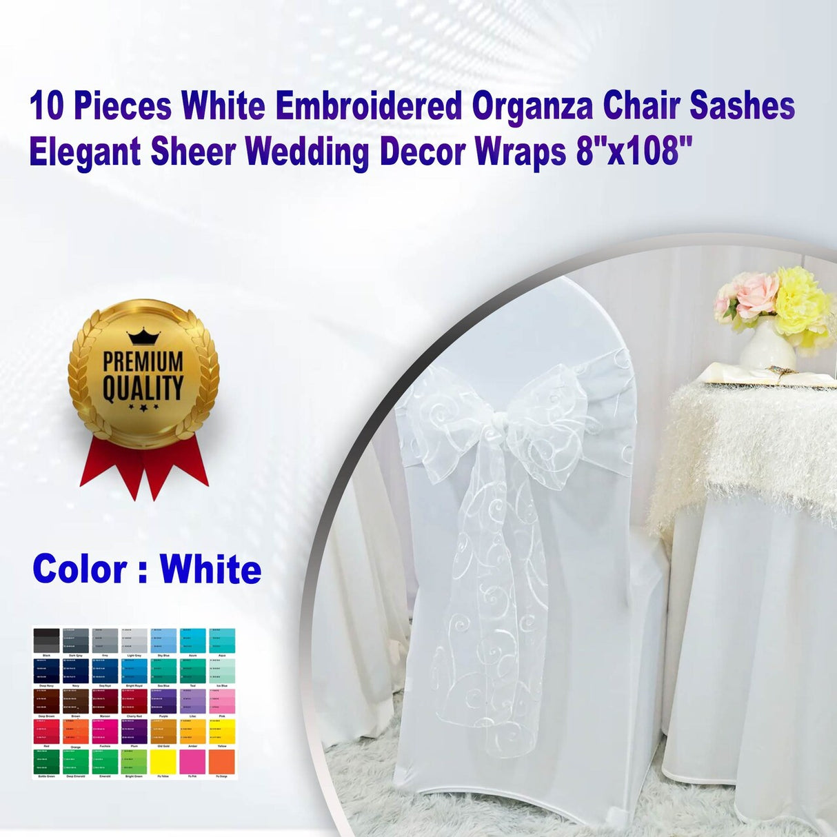 10 Pieces White Embroidered Organza Chair Sashes Elegant Sheer Wedding Decor Wraps 8"x108"