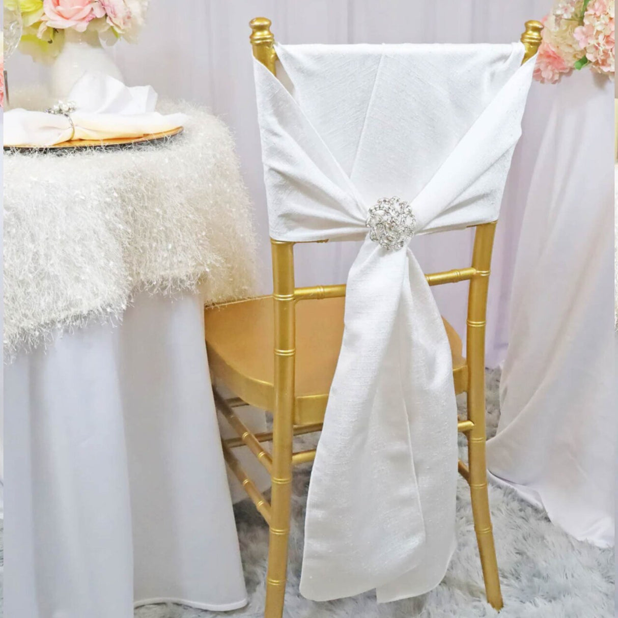 10 Pieces White Sequin Poly Flax Burlap Chair Sashes, Rustic Glam 8"x108" Decor