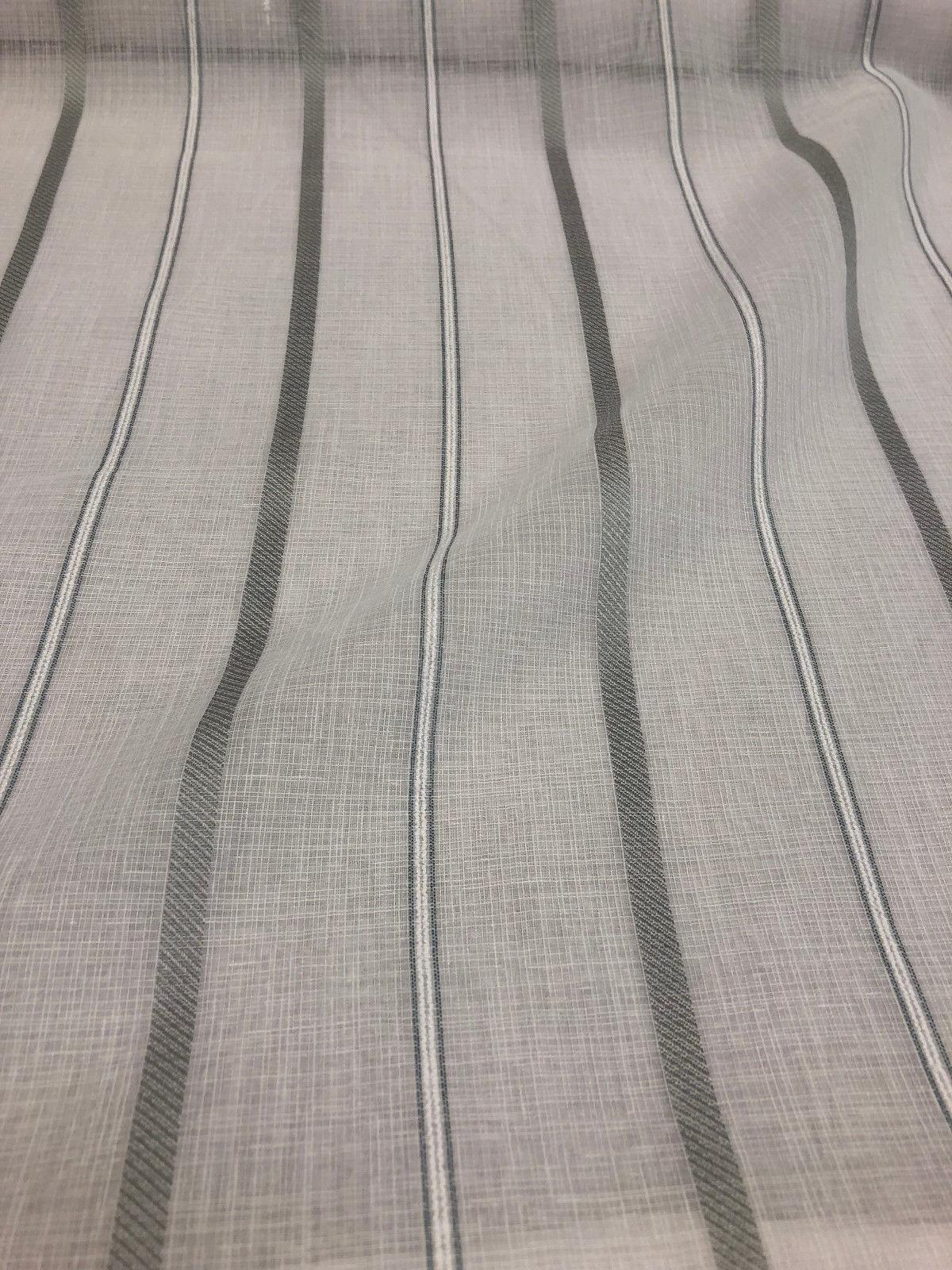 P Kaufmann Glacier White Linen Look Sheer Iznik Stripe Polyester Fabric - White, Stripe, 118" Width (1 Yard)