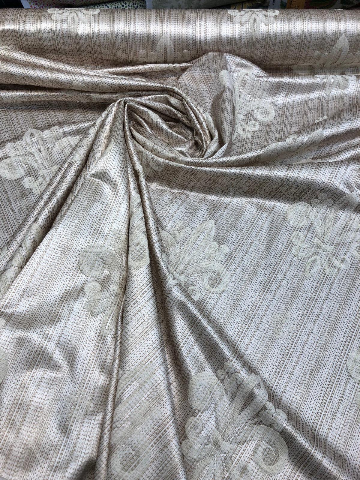 Fleur De Lis Oatmeal Stripe Damask Jacquard Fabric - Oatmeal, Reversible, 60" Width, 13" Horizontal Repeat, 14" Vertical Repeat (1 Yard)