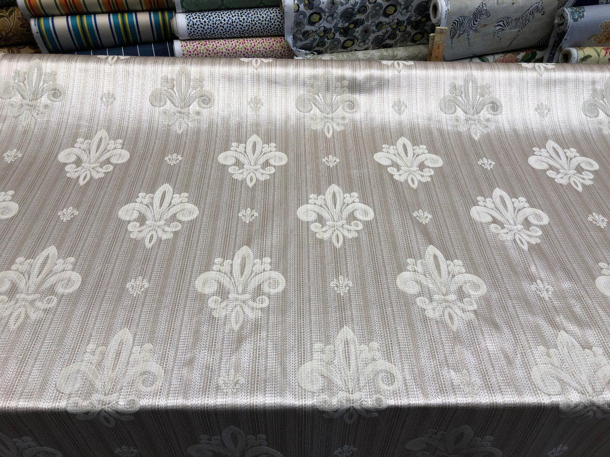 Fleur De Lis Oatmeal Stripe Damask Jacquard Fabric - Oatmeal, Reversible, 60" Width, 13" Horizontal Repeat, 14" Vertical Repeat (1 Yard)