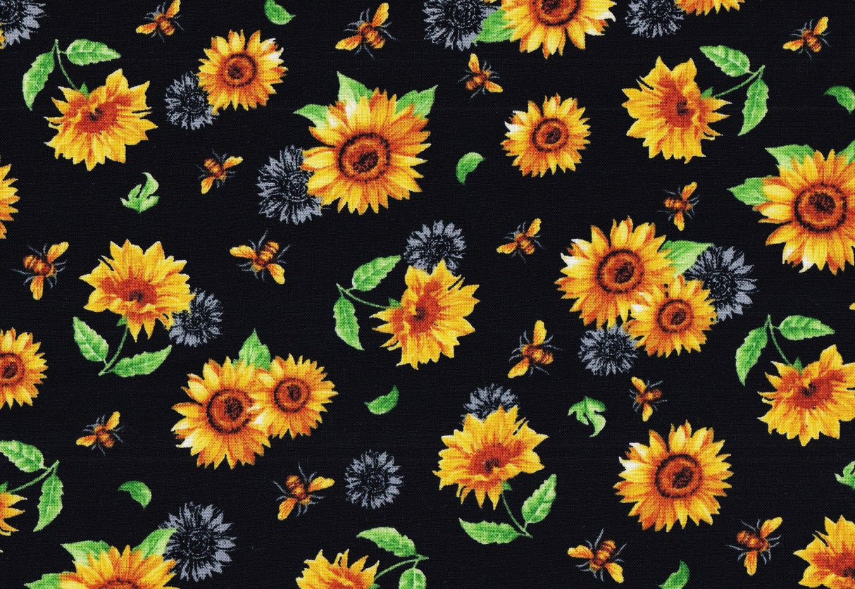 Quilting Cotton Sunflowers and Bees Black 100% Cotton