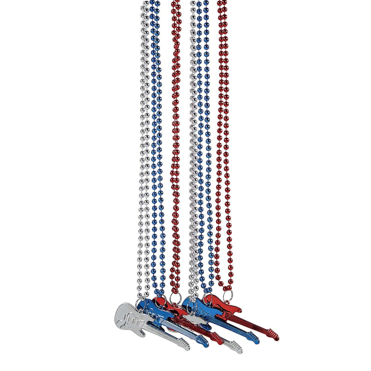 30" Patriotic Red, White & Blue Plastic Bead Necklaces with Guitar 12 Pc.