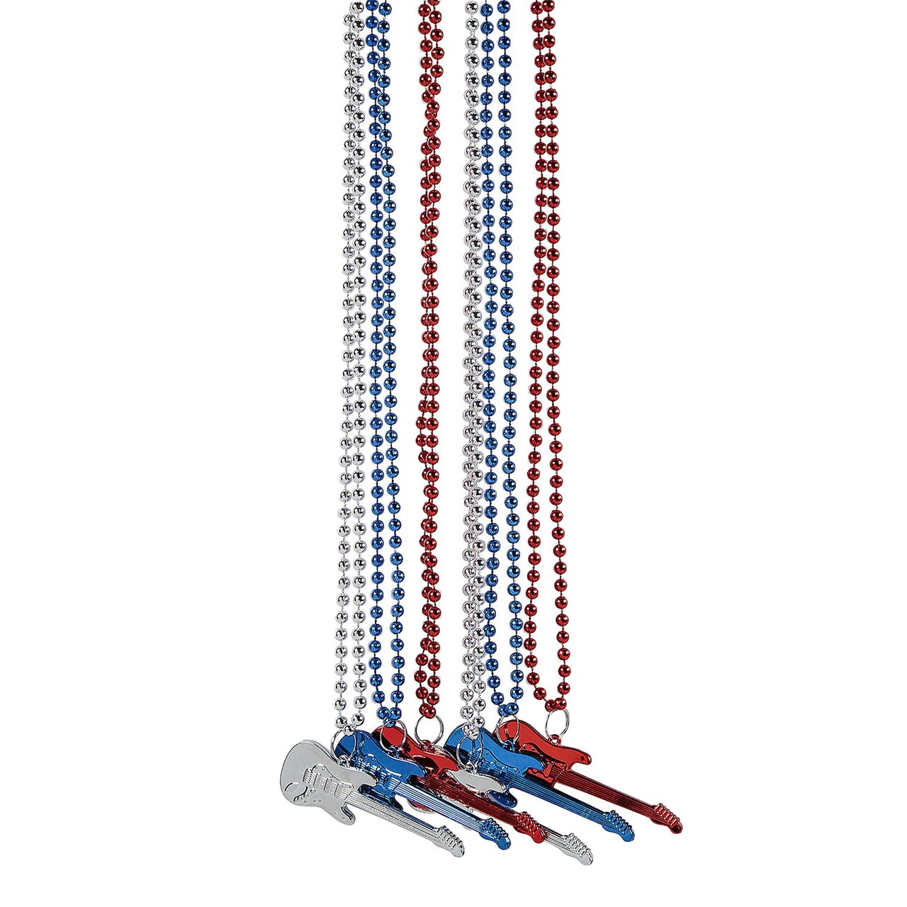 30" Patriotic Red, White & Blue Plastic Bead Necklaces with Guitar 12 Pc.